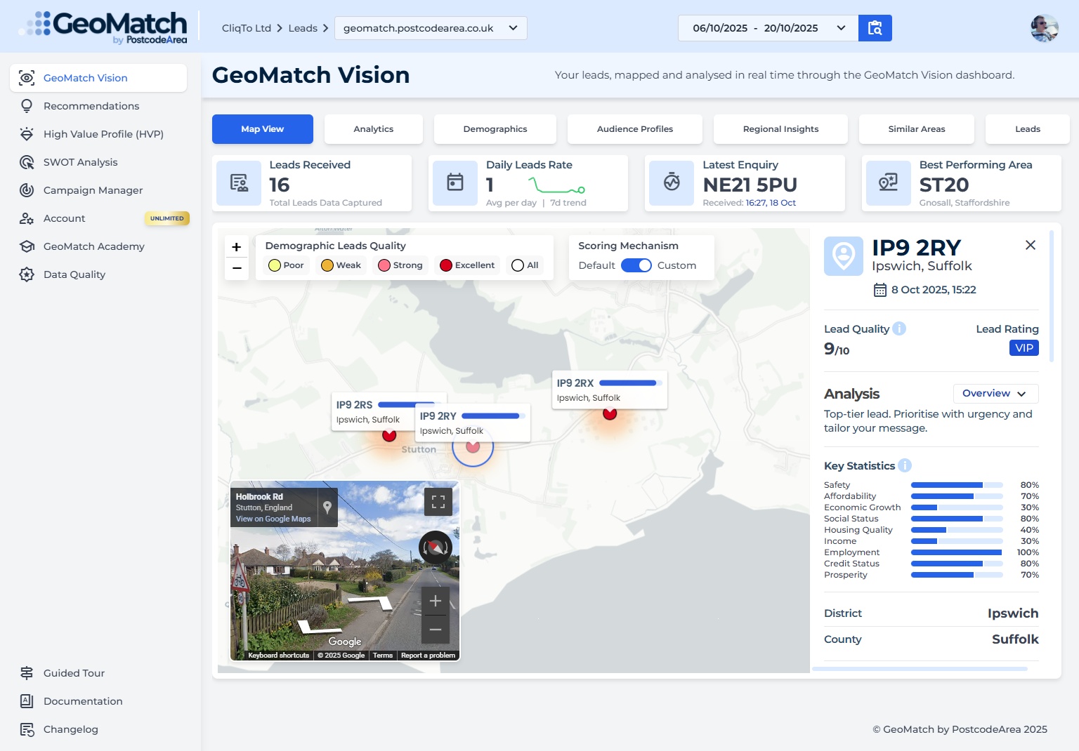 GeoMatch Vision dashboard